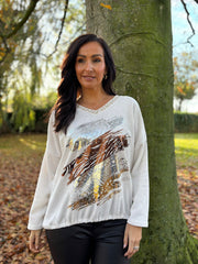 Winter White Chenille Leopard V Neck Sweatshirt Elle