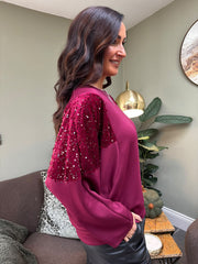 Wine Sequin Panel Sweatshirt Victoria