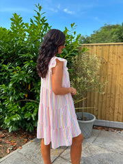 Light Blue Bubble Cotton Striped Dress Crystal