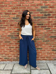 Navy Wide Leg Pocket Trousers Claudia