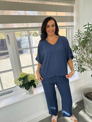 Navy Textured V Neck Top Kaylee