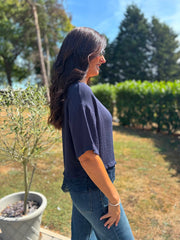 Navy Asymmetric Lace Trim Top Maria