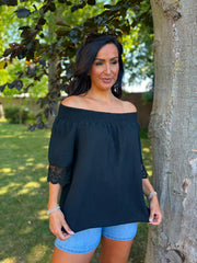 Black Bubble Cotton Lace Trim Top Adele