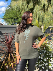 Khaki Textured Flower Knit Claire