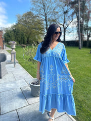 Denim Embroidered Kimono Maxi Dress Flora