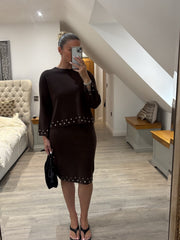 Chocolate Stud Detail Two Piece Skirt Set Wilma