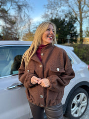 Chocolate Boucle High Neck Bomber Jacket Jude