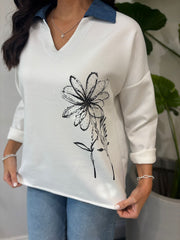 Winter White Collared Flower Sweatshirt Angel