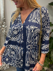 Navy Elegant Paisley Top Trisha