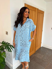 Blue Bubble Cotton Paisley Shirt Dress Jane