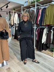 Black Cropped Sequin Panel Wide Leg Trousers