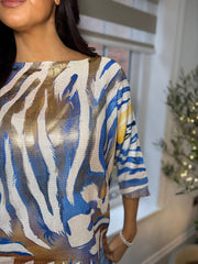 Royal Blue Metallic Tiger Print Knit Top Dawn