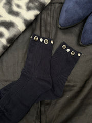Navy Ribbed Rose Bead Socks