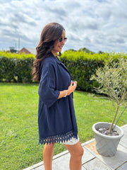 Navy Bubble Cotton Crochet Hem Blouse Jo