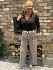 Mocha Wide Leg Pull On Cargo Trousers