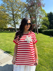 Red Crochet Floral Striped Top Gemma