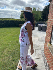 White Flower Print Trouser Set Claudette