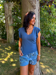 Denim Ruffle Sleeve Knit Top Hannah