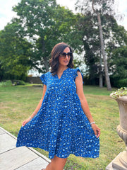 Royal Blue Bubble Cotton Leopard Dress Crystal