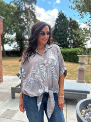 Mocha Botanical Tie Front Blouse Brielle