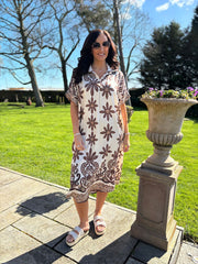 Mocha Flower Pattern Shirt Dress Savana