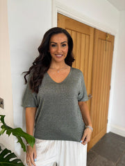 Khaki V Neck Shimmer Knit Cassie