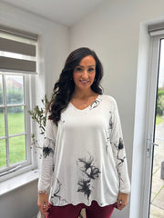 Winter White Sketched Flower V Neck Top Amy