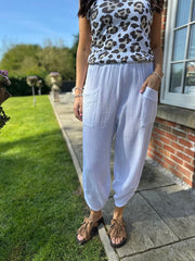 White Bubble Cotton Barrel Leg Trousers