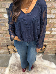 Navy Textured Floral Mesh Top Imogen