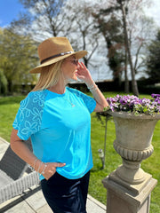 Blue Net Sleeve Applique Tee Gemma