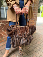 Chocolate Faux Fur Ruched Tote Bag