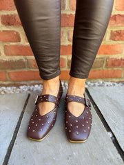 Chocolate Stud Buckle Flats