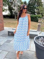 Blue Patterned Bubble Cotton Dress Athena