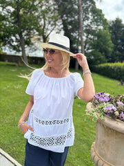White Crochet Detail Bardeau Top Hazel