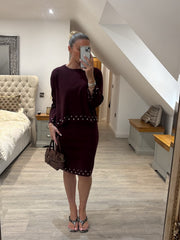 Wine Stud Detail Two Piece Skirt Set Wilma