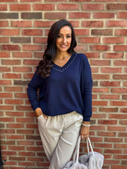 Navy Diamante V Neck Knit Tori