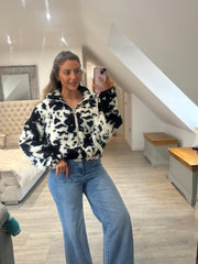 Black Cow Print Zip Fleece Janina