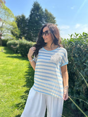 Blue Crochet Floral Striped Top Gemma