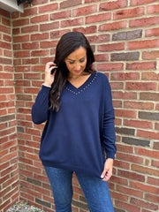 Navy Diamante V Neck Knit Tori