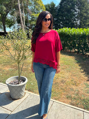 Red Asymmetric Lace Trim Top Maria
