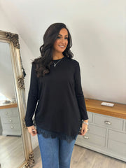 Black Ruched Lace Trim Top Janet