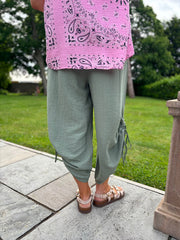 Khaki Ruched Drawstring Wide Leg Trousers