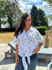 White Botanical Tie Front Blouse Brielle