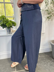 Navy Tie Detail Wrap Trousers