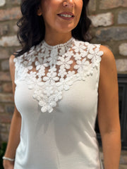 White Crochet Floral Ribbed Vest Olivia