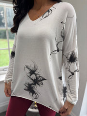 Winter White Sketched Flower V Neck Top Amy
