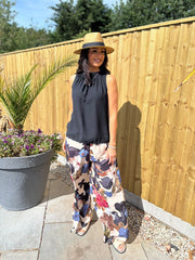 Navy Floral Brushwork Print Trousers