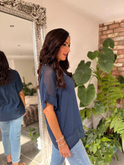 Navy Mesh Trim Short Sleeve Top Riley
