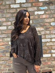Chocolate Textured Floral Mesh Top Imogen