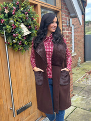 Chocolate Sleeveless Faux Fur Trim Coat Alexis